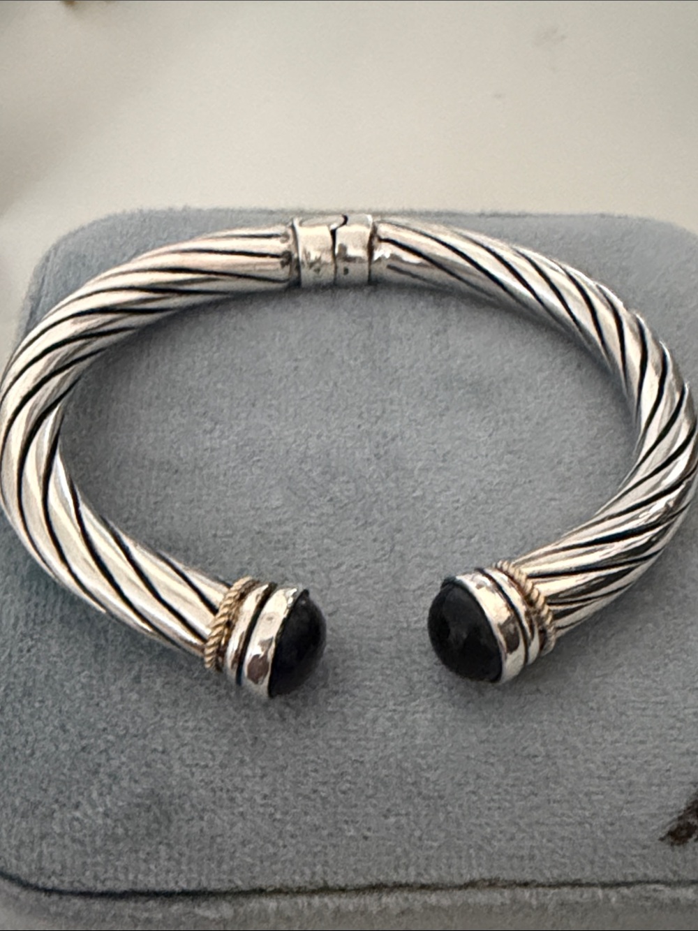 Silver-Tone Twisted Cable Cuff Bracelet with Black Stone Accents